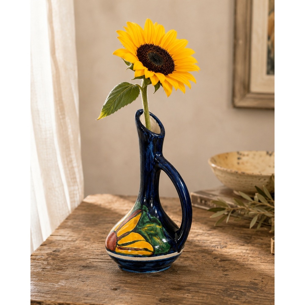 Vintage Mexican Pottery Sunflower Bud Vase Hand Painted Blue Ceramic Pitcher 6"